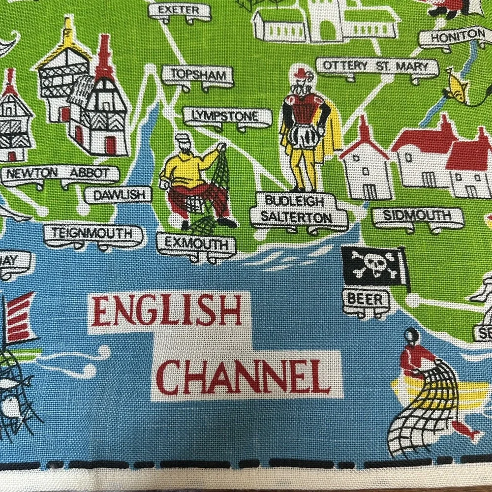 Vintage Souvenir from Devon English Map Linen Tea Towel Wall Hanging